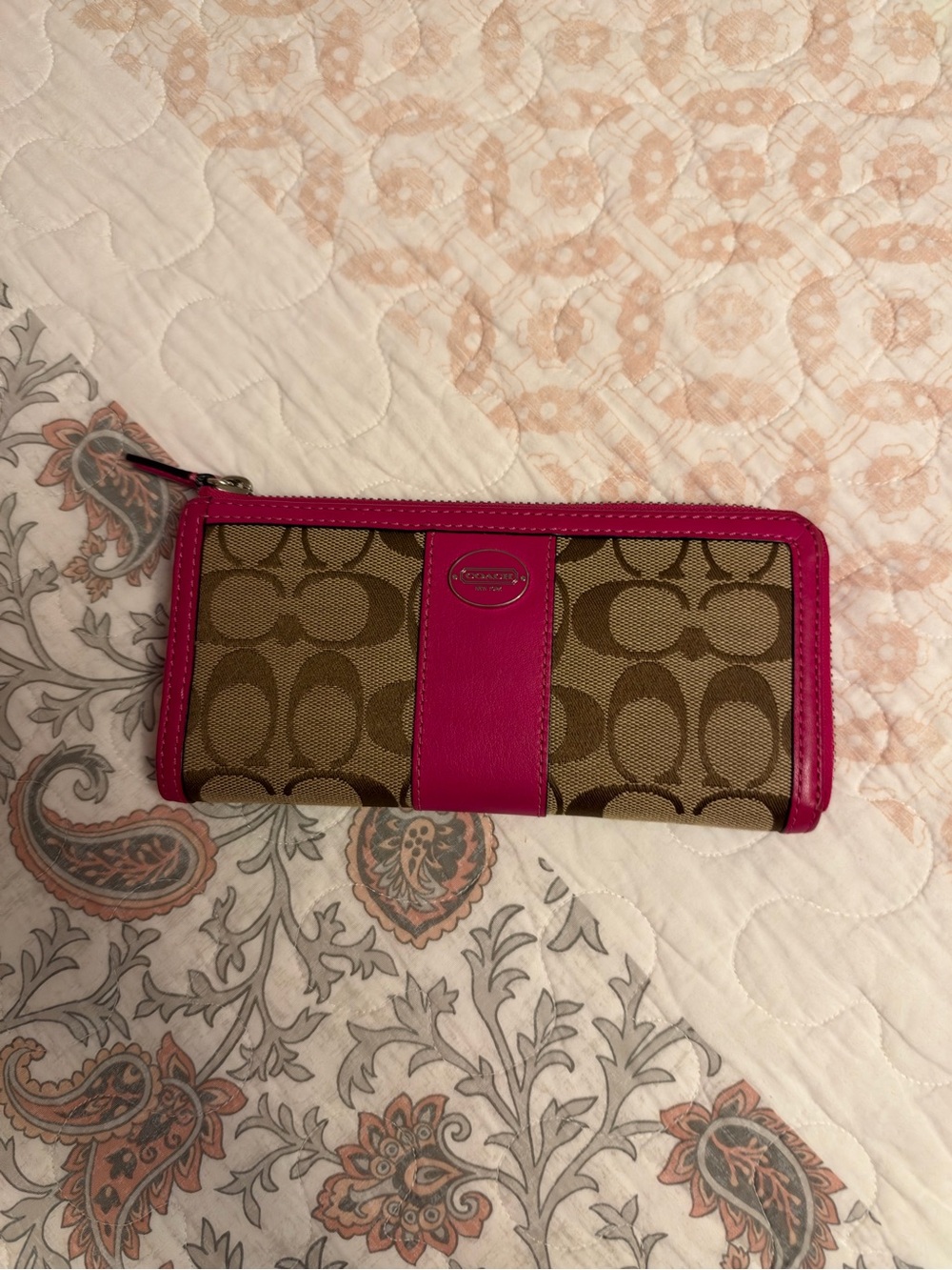 Coach Signature Canvas Zip Wallet in Brown and Pink
